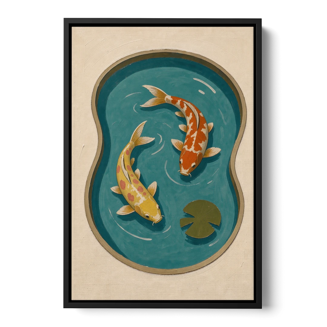 1950s Wall Art of Koi in a Kidney Pond - Black Framed Canvas Wall Art - Front