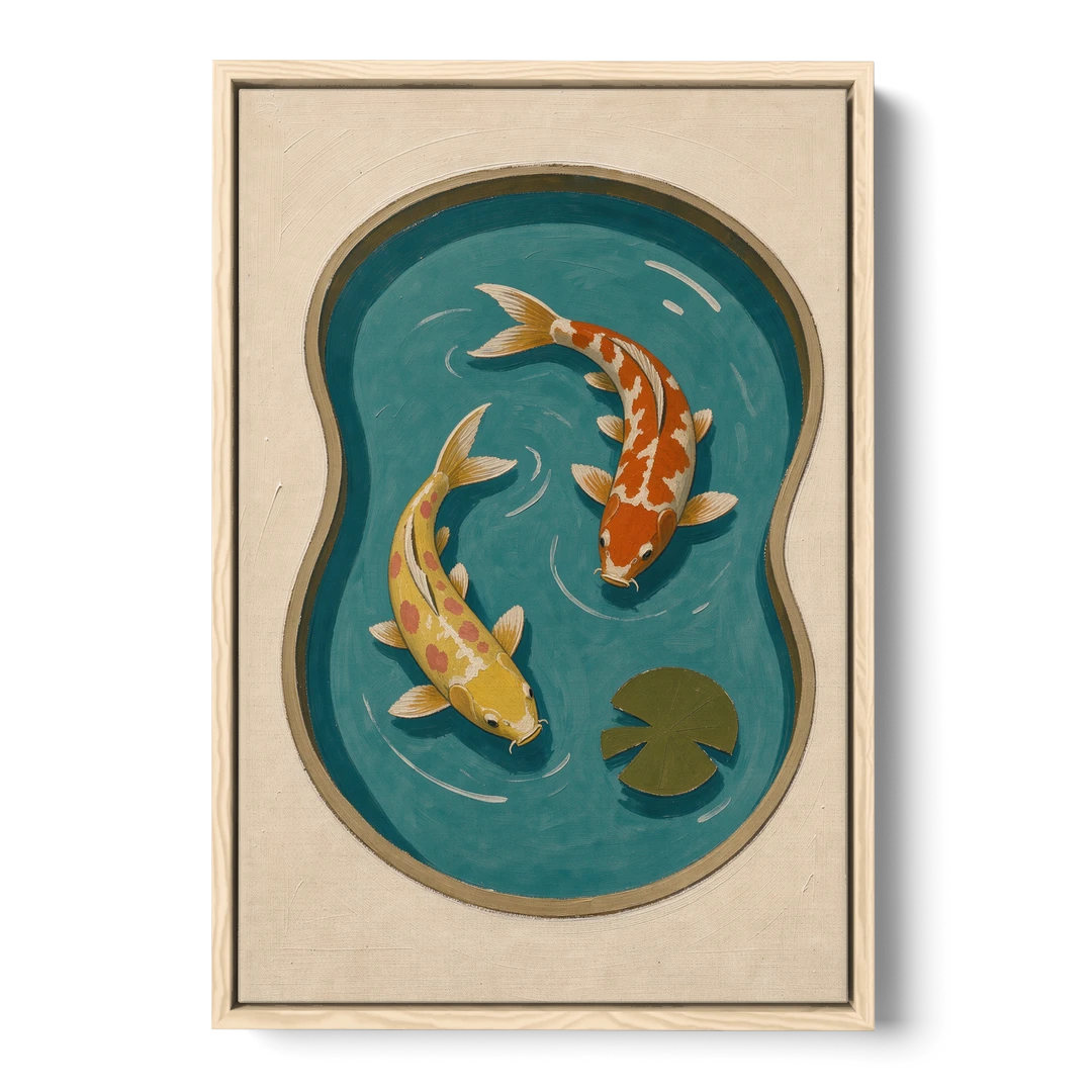 1950s Wall Art of Koi in a Kidney Pond - Oak Framed Canvas Wall Art - Front