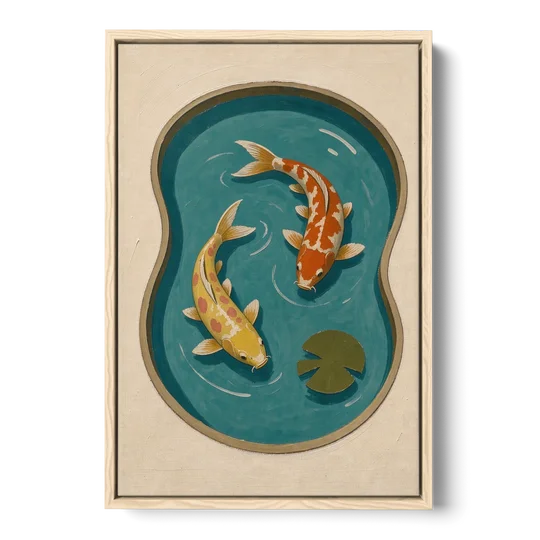 1950s Wall Art of Koi in a Kidney Pond - Oak Framed Canvas Wall Art - Front