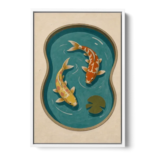 1950s Wall Art of Koi in a Kidney Pond - White Framed Canvas Wall Art - Front