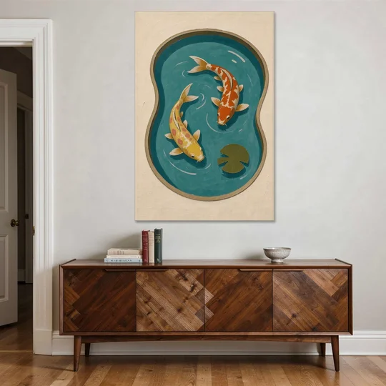 1950s Wall Art of Koi in a Kidney Pond - Canvas Wall Art - Coffee Table - 40x60