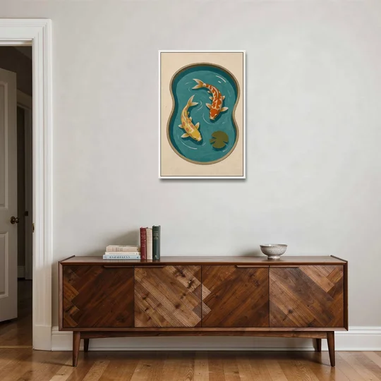 1950s Wall Art of Koi in a Kidney Pond - White Framed Canvas Wall Art - Coffee Table - 24x36