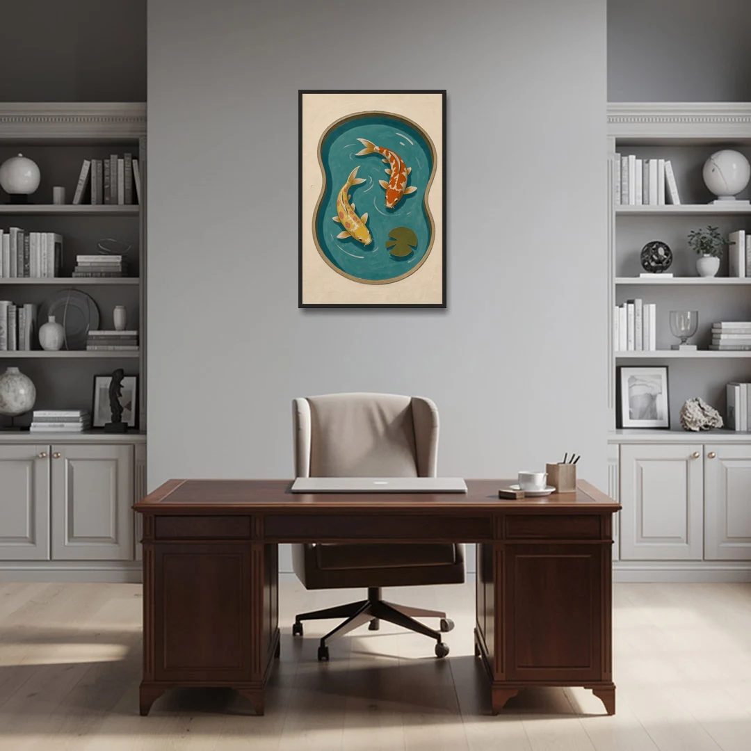 1950s Wall Art of Koi in a Kidney Pond - Black Framed Canvas Wall Art - Office - 24x36