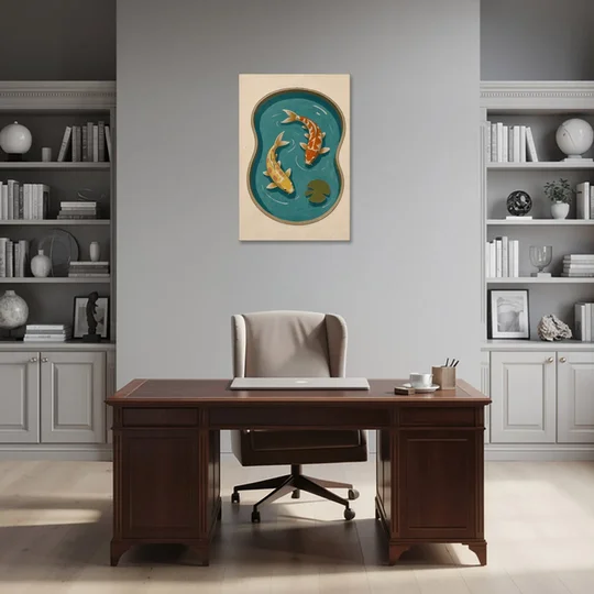 1950s Wall Art of Koi in a Kidney Pond - Canvas Wall Art - Office - 24x36
