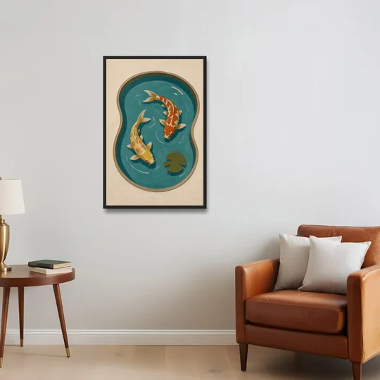 1950s Wall Art of Koi in a Kidney Pond - Black Framed Canvas Wall Art - Sofa - 24x36