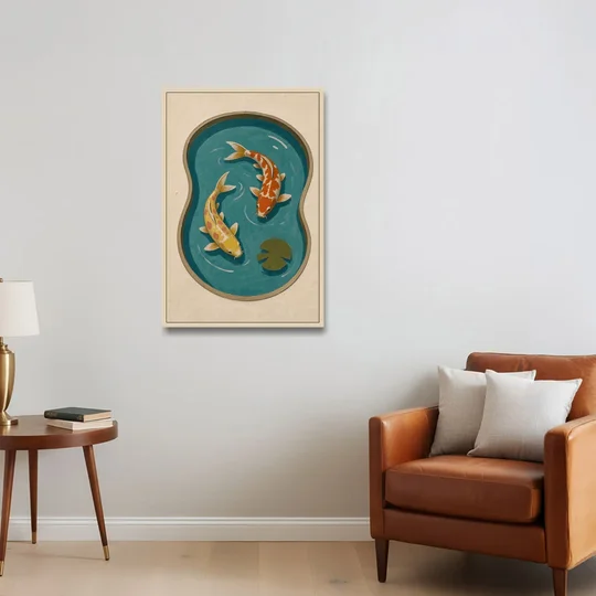 1950s Wall Art of Koi in a Kidney Pond - Oak Framed Canvas Wall Art - Sofa - 24x36