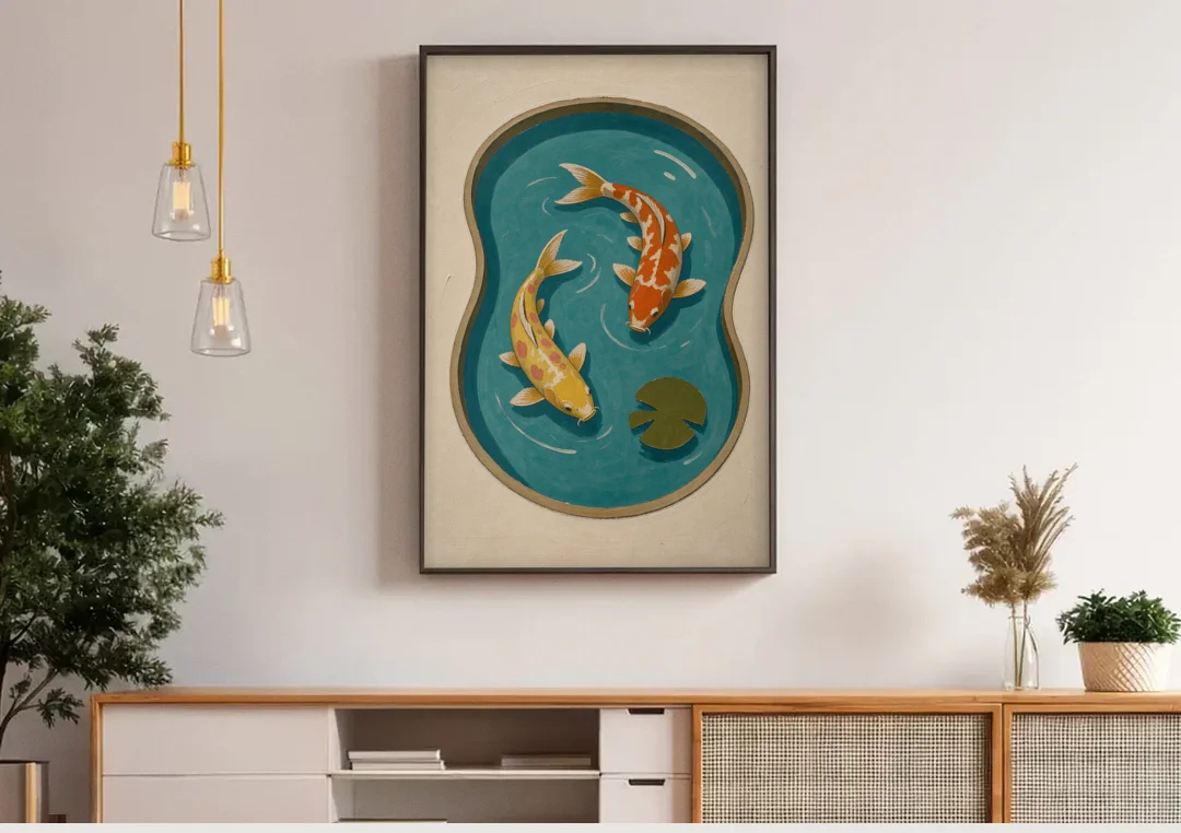 1950s Wall Art of Koi in a Kidney Pond canvas wall art above a wooden sideboard under pendant lights