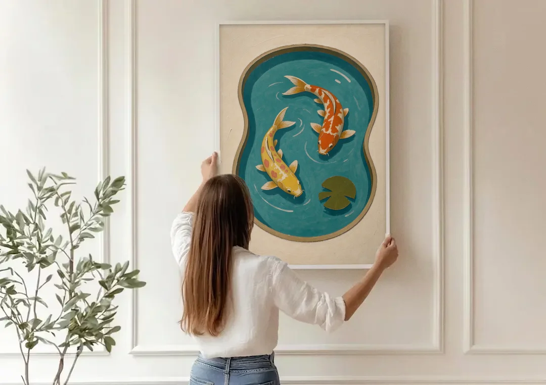 1950s Wall Art of Koi in a Kidney Pond canvas wall art being hung on a paneled wall