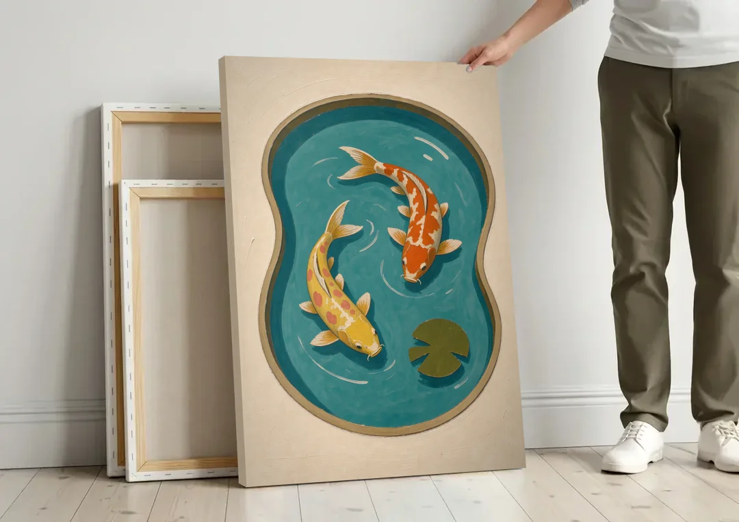 1950s Wall Art of Koi in a Kidney Pond canvas wall art leaning against a wall next to blank canvases