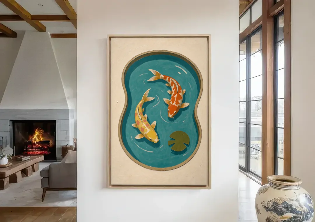 1950s Wall Art of Koi in a Kidney Pond canvas wall art in a living room with a fireplace