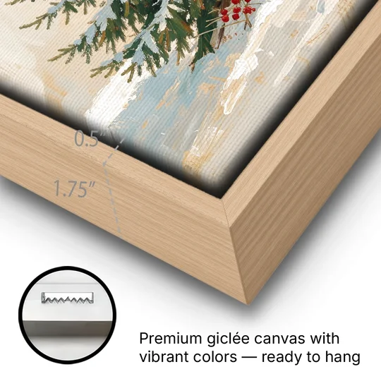 3 Piece Christmas Canvas of a Snowy Young Fir - Oak Framed Canvas Wall Art - Gallery Wrap Corner