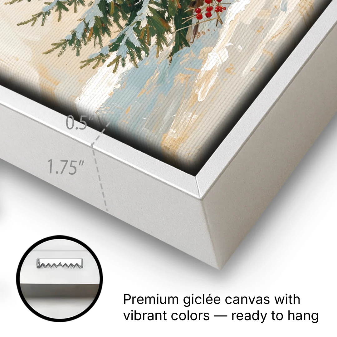 3 Piece Christmas Canvas of a Snowy Young Fir - White Framed Canvas Wall Art - Gallery Wrap Corner