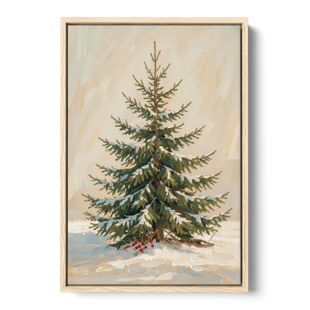 3 Piece Christmas Canvas of a Snowy Young Fir - Oak Framed Canvas Wall Art - Front