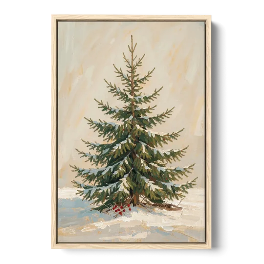 3 Piece Christmas Canvas of a Snowy Young Fir - Oak Framed Canvas Wall Art - Front