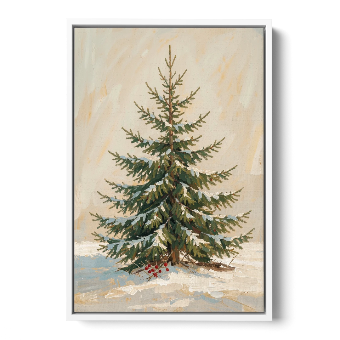 3 Piece Christmas Canvas of a Snowy Young Fir - White Framed Canvas Wall Art - Front