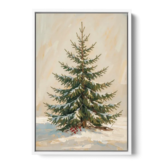 3 Piece Christmas Canvas of a Snowy Young Fir - White Framed Canvas Wall Art - Front