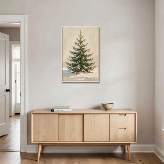 3 Piece Christmas Canvas of a Snowy Young Fir - Oak Framed Canvas Wall Art - Coffee Table - 24x36