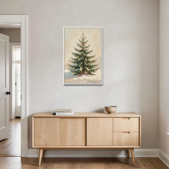 3 Piece Christmas Canvas of a Snowy Young Fir - White Framed Canvas Wall Art - Coffee Table - 24x36
