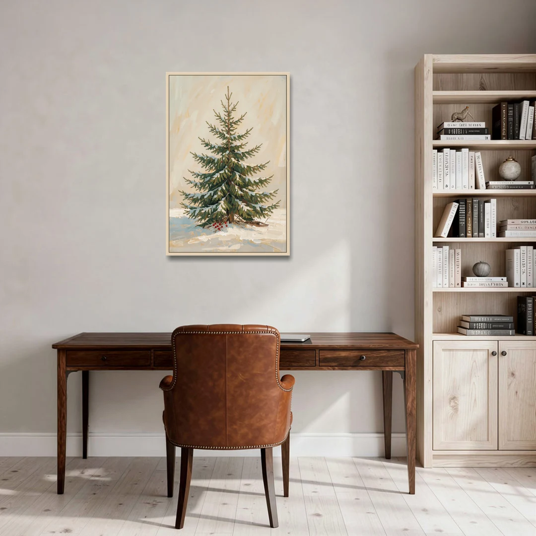 3 Piece Christmas Canvas of a Snowy Young Fir - Oak Framed Canvas Wall Art - Office - 24x36