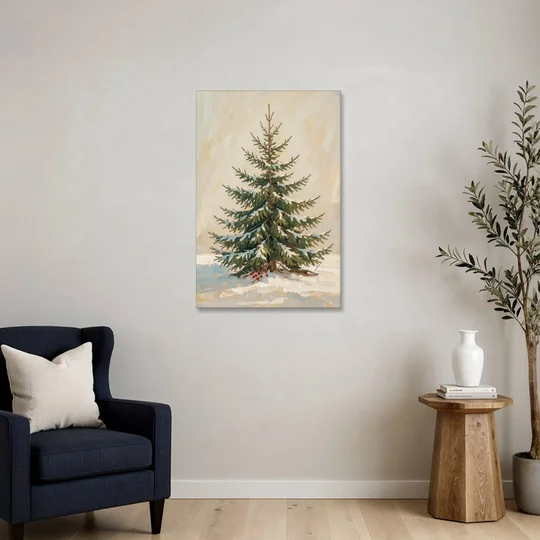 3 Piece Christmas Canvas of a Snowy Young Fir - Canvas Wall Art - Sofa - 24x36