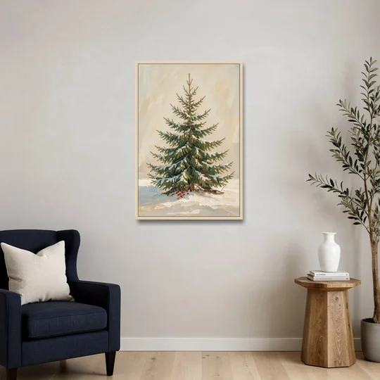 3 Piece Christmas Canvas of a Snowy Young Fir - Oak Framed Canvas Wall Art - Sofa - 24x36