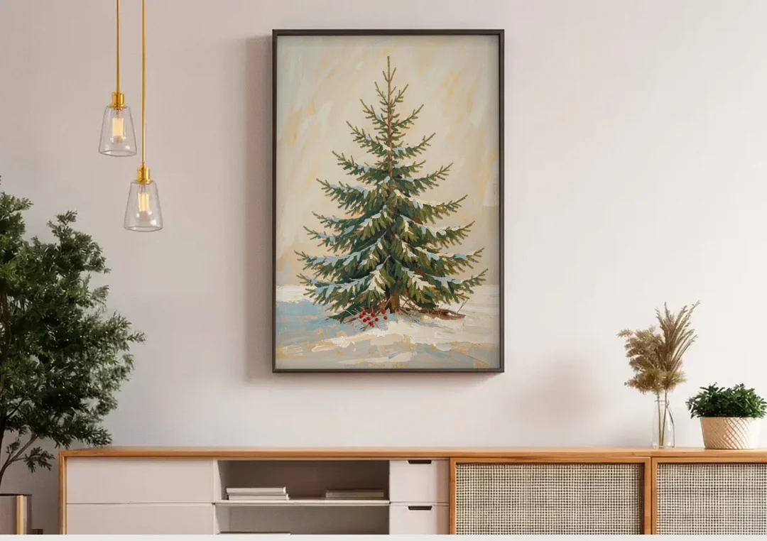 3 Piece Christmas Canvas of a Snowy Young Fir canvas wall art above a wooden sideboard under pendant lights