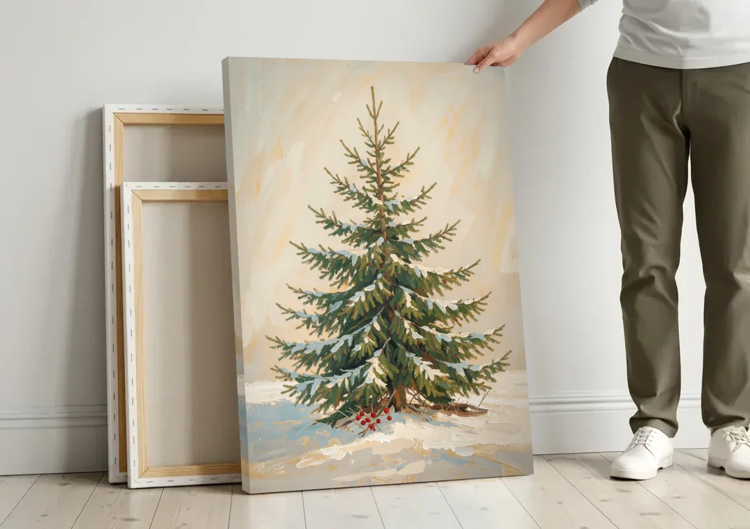 3 Piece Christmas Canvas of a Snowy Young Fir canvas wall art leaning against a wall next to blank canvases