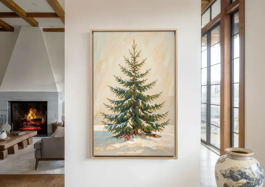 3 Piece Christmas Canvas of a Snowy Young Fir canvas wall art in a living room with a fireplace