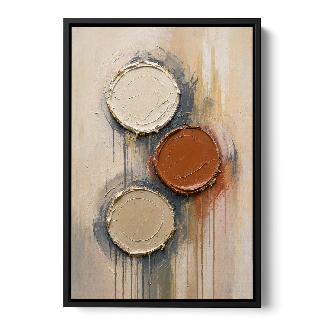 3D Textured Terracotta Disc Trio - Black Framed Canvas Wall Art - Front