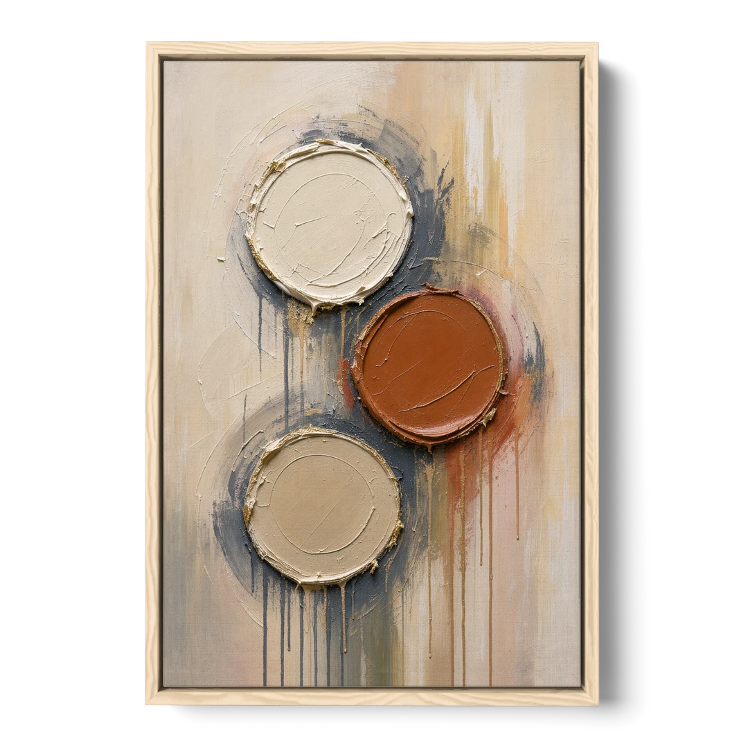 3D Textured Terracotta Disc Trio - Oak Framed Canvas Wall Art - Front
