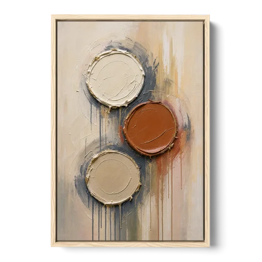 3D Textured Terracotta Disc Trio - Oak Framed Canvas Wall Art - Front