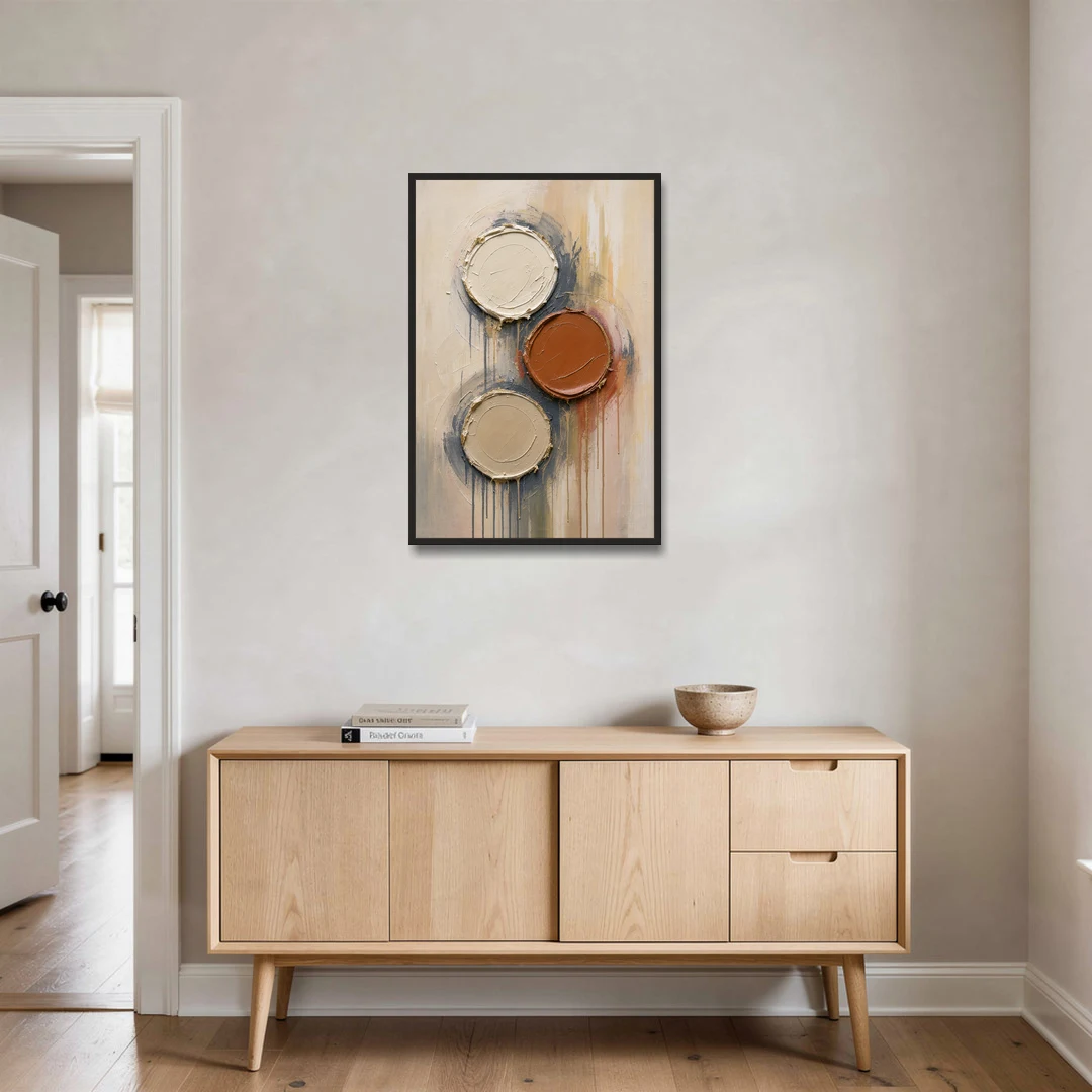 3D Textured Terracotta Disc Trio - Black Framed Canvas Wall Art - Coffee Table - 24x36