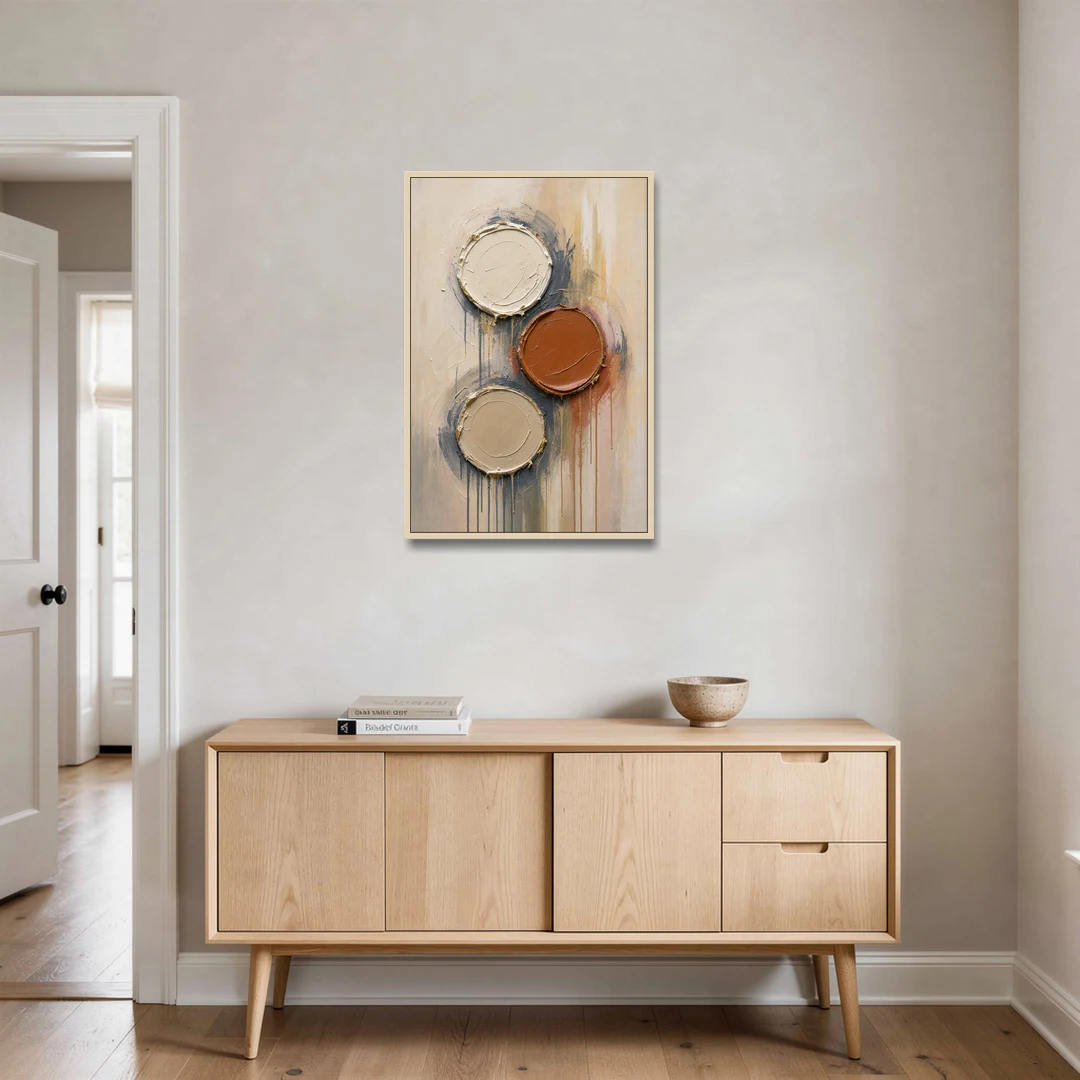 3D Textured Terracotta Disc Trio - Oak Framed Canvas Wall Art - Coffee Table - 24x36