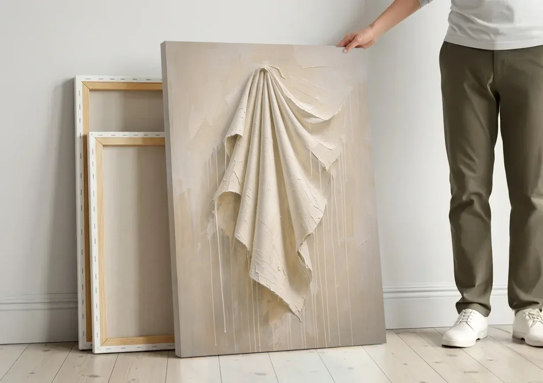 3D White Wall Art of Draped Plaster Cloth canvas wall art leaning against a wall next to blank canvases