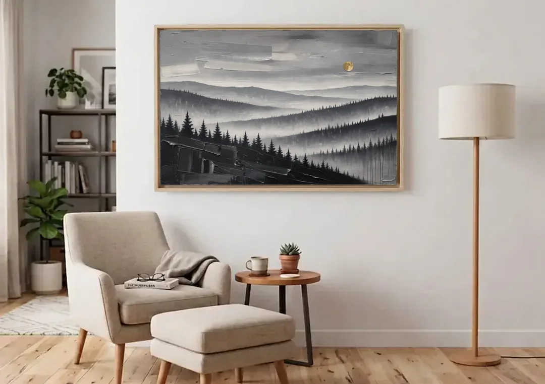 Above Bed Wall Art of Misty Pine Ridges canvas wall art above an armchair in a bright living room