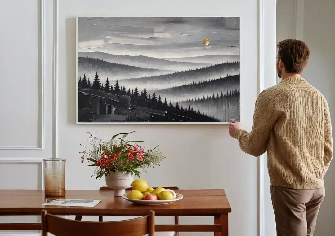 Above Bed Wall Art of Misty Pine Ridges canvas wall art above a dining table