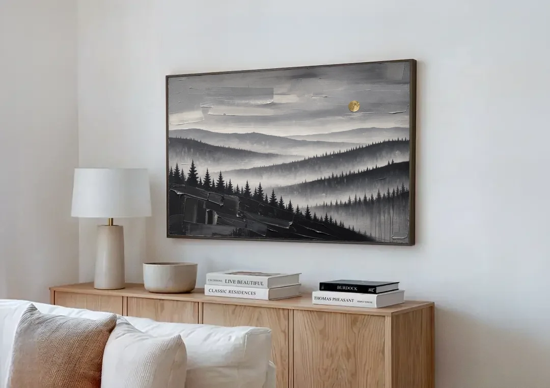 Above Bed Wall Art of Misty Pine Ridges canvas wall art above a wooden sideboard next to a sofa