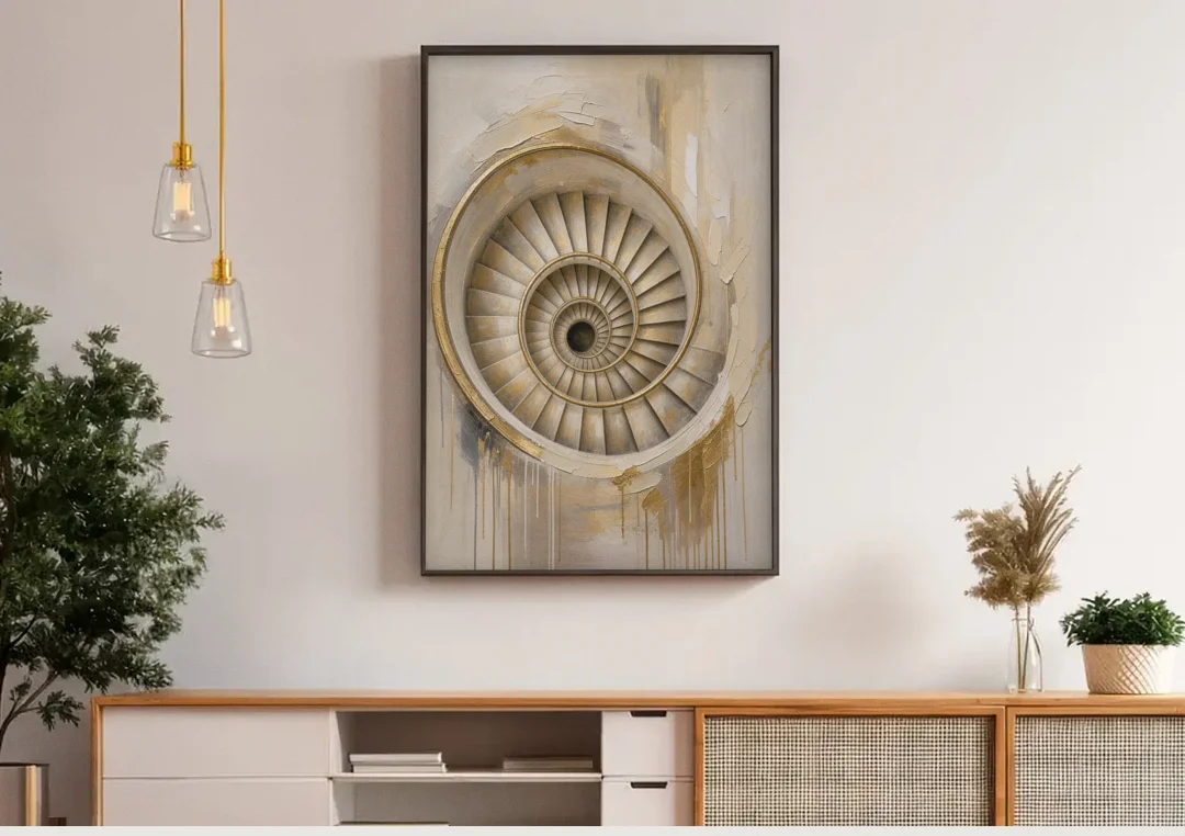 Abstract Architecture Painting of a Gilded Spiral Stair canvas wall art above a wooden sideboard under pendant lights