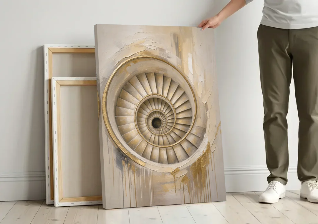 Abstract Architecture Painting of a Gilded Spiral Stair canvas wall art leaning against a wall next to blank canvases