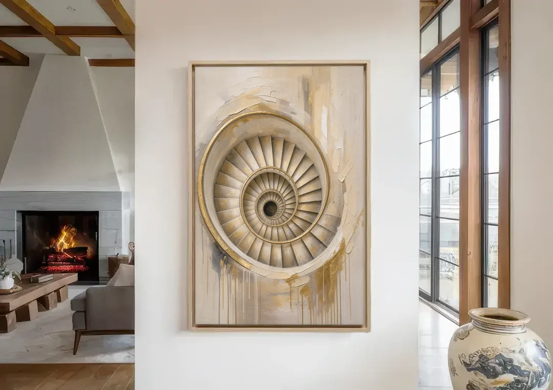 Abstract Architecture Painting of a Gilded Spiral Stair canvas wall art in a living room with a fireplace