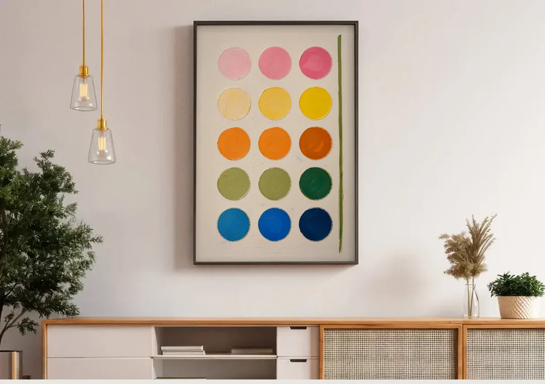 Abstract Art for Bedroom with Fading Painted Circles canvas wall art above a wooden sideboard under pendant lights