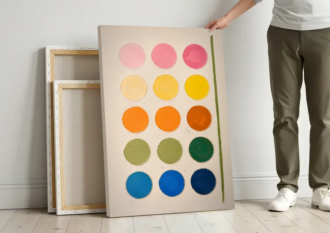 Abstract Art for Bedroom with Fading Painted Circles canvas wall art leaning against a wall next to blank canvases