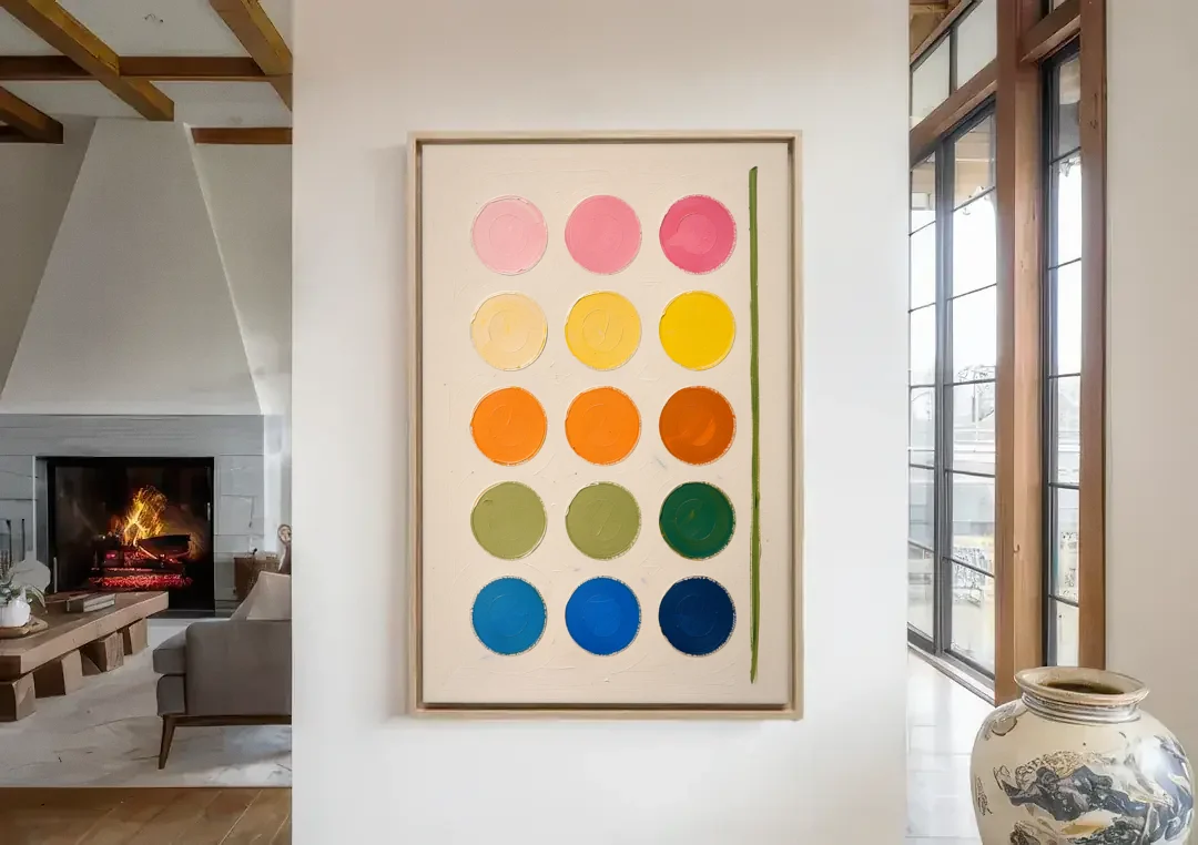 Abstract Art for Bedroom with Fading Painted Circles canvas wall art in a living room with a fireplace