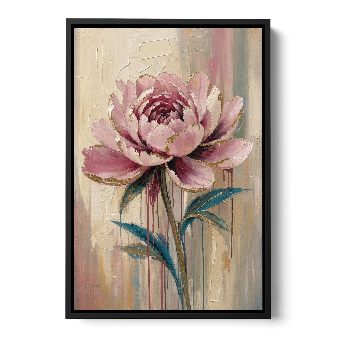 Abstract Art for Dining Room with a Gilded Peony - Black Framed Canvas Wall Art - Front