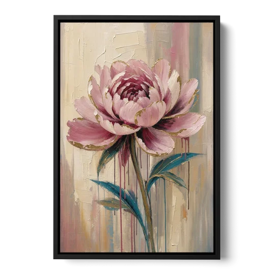 Abstract Art for Dining Room with a Gilded Peony - Black Framed Canvas Wall Art - Front