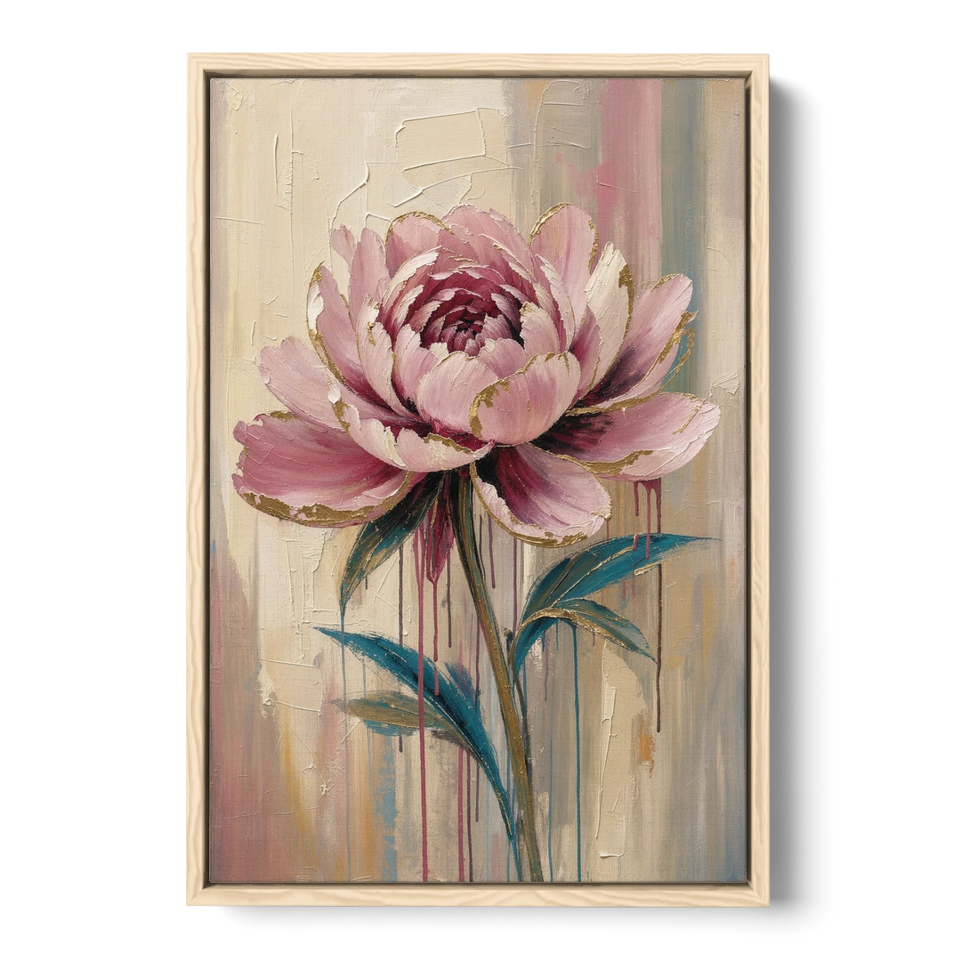 Abstract Art for Dining Room with a Gilded Peony - Oak Framed Canvas Wall Art - Front