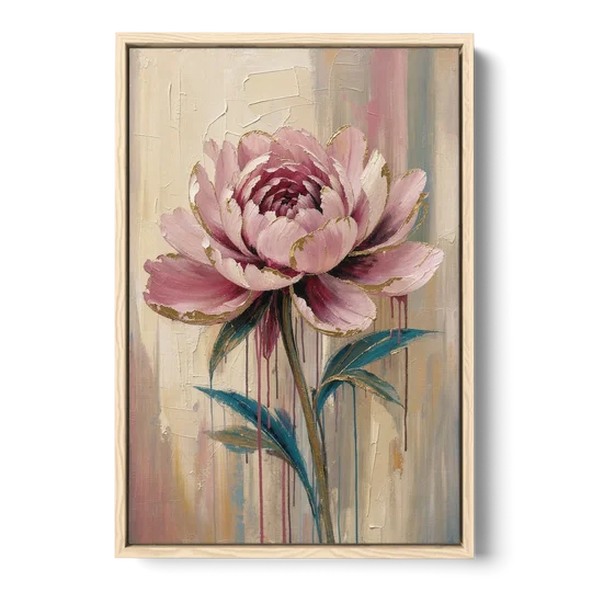 Abstract Art for Dining Room with a Gilded Peony - Oak Framed Canvas Wall Art - Front