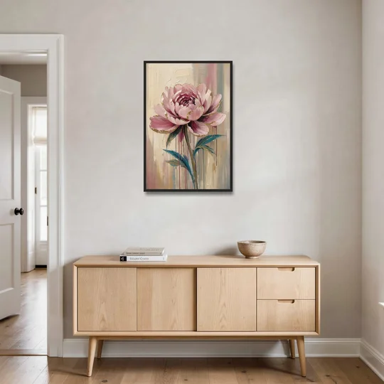 Abstract Art for Dining Room with a Gilded Peony - Black Framed Canvas Wall Art - Coffee Table - 24x36