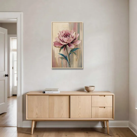 Abstract Art for Dining Room with a Gilded Peony - Oak Framed Canvas Wall Art - Coffee Table - 24x36
