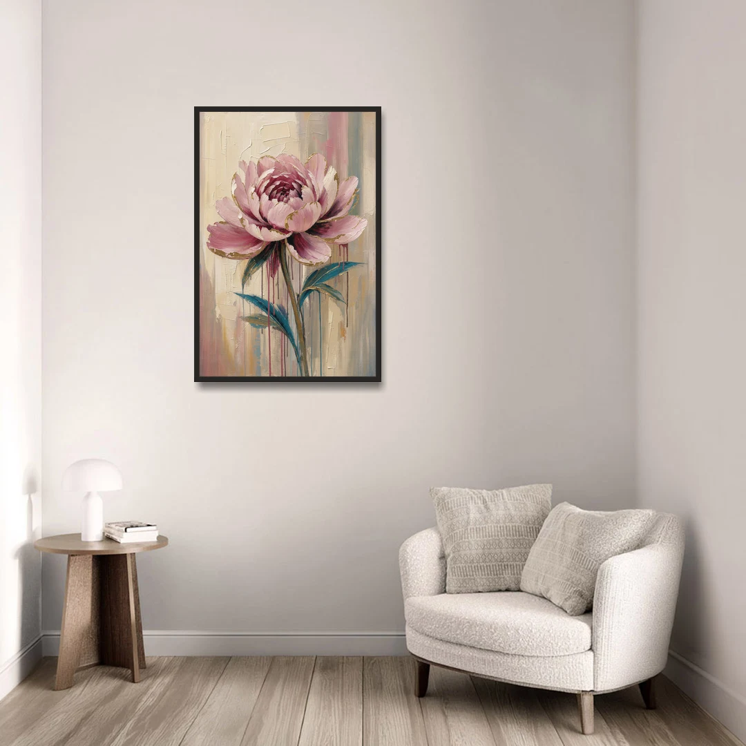Abstract Art for Dining Room with a Gilded Peony - Black Framed Canvas Wall Art - Sofa - 24x36